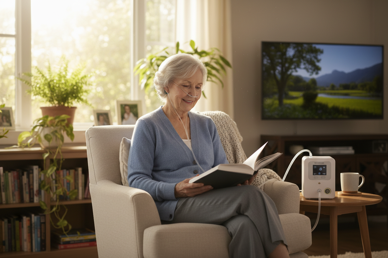 生成家用制氧机使用场景图片，需要有人物