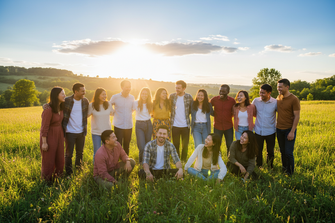 生成一张多人种户外笑容图片